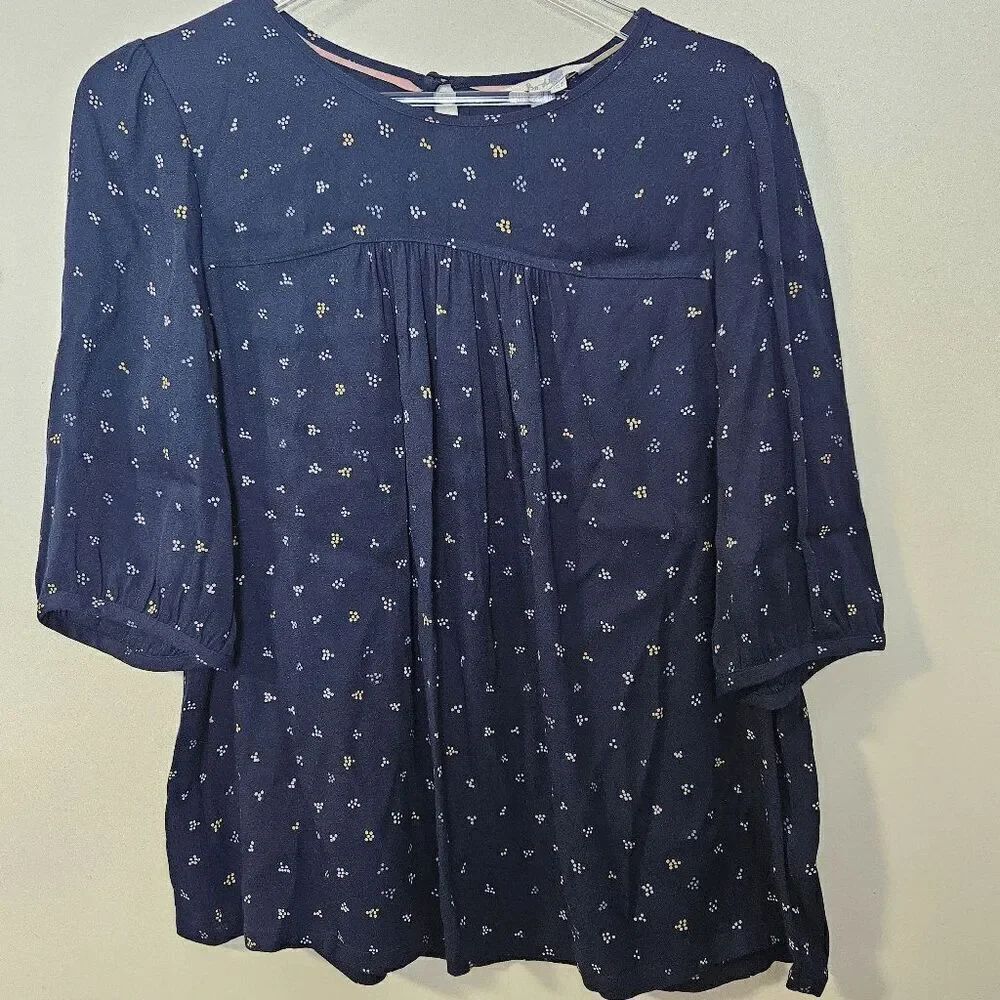 Boden Puff Sleeve  Viscose Blouse WA626 Women's Blue Size 6 Polka Dot Half Sleev